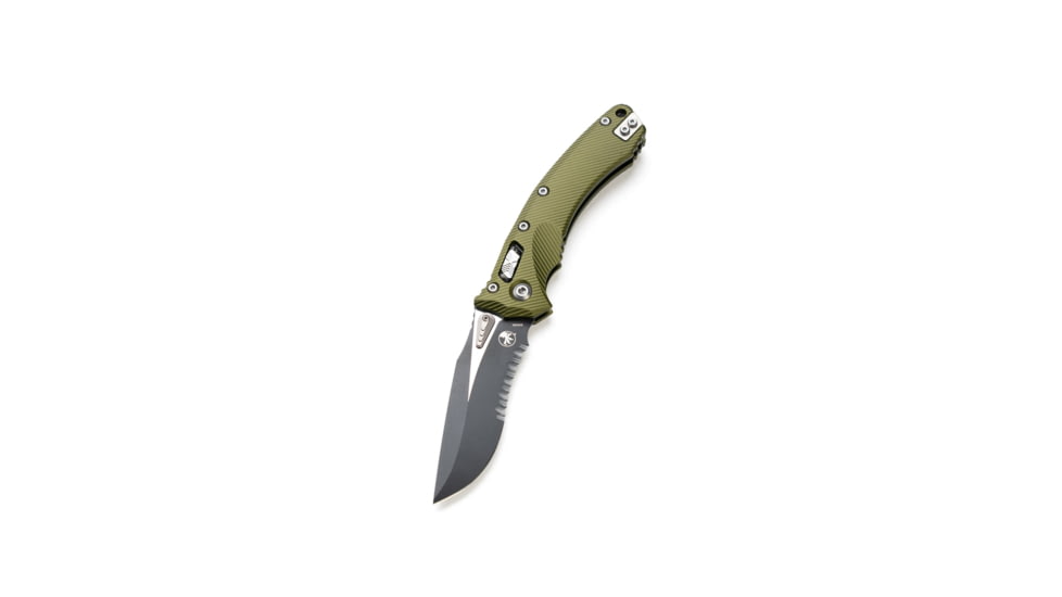 Microtech Amphibian S/E Fluted Apocalyptic Partial Serrated 3.875in Folding Knife, Manual Folder, OD Green, 137RL-11APFLOD