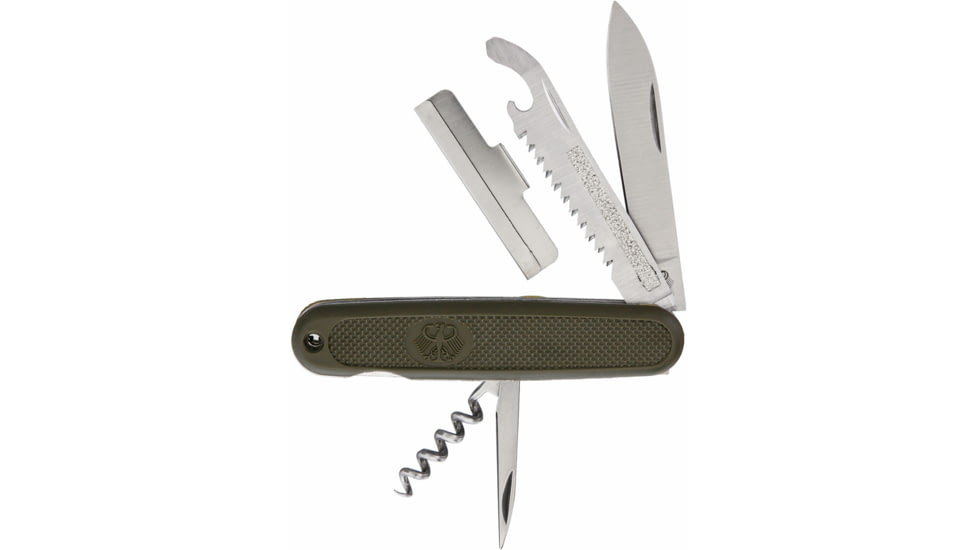Miscellaneous Military Folding Knife, Stainless blade, standard screwdriver, bottle open, OD green composition handles with Bundeswehr symbo, MI212