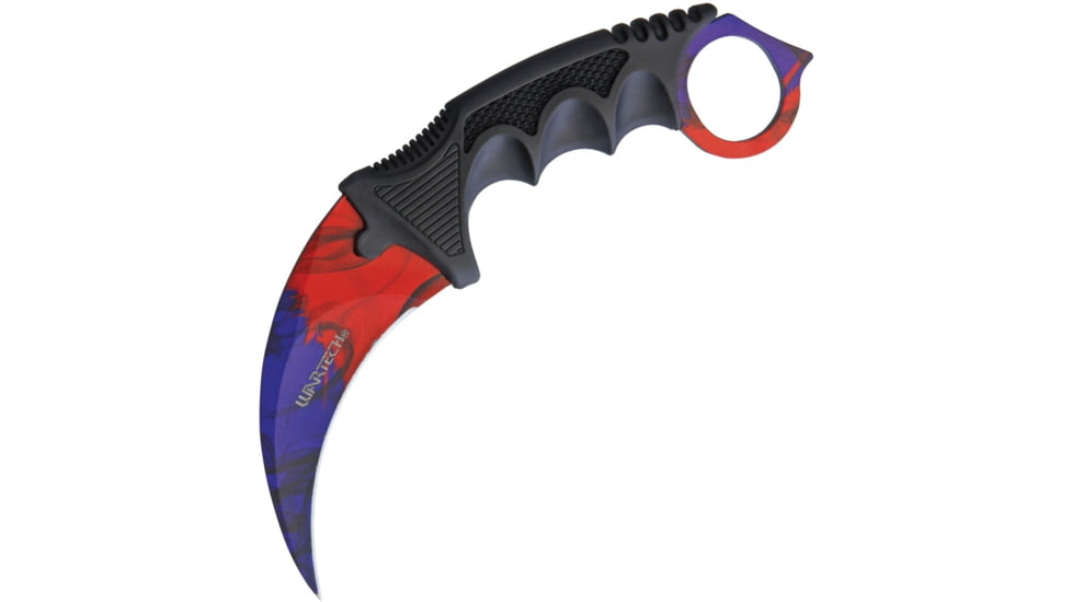 Miscellaneous Multi Color Neck Knife, 7.25in Overall, 3.5in SS Karambit Blade, Black Finger Grooved Nylon Handle, Red And Purple Blade, Black Nylon Neck Sheath, YC-9115-BR