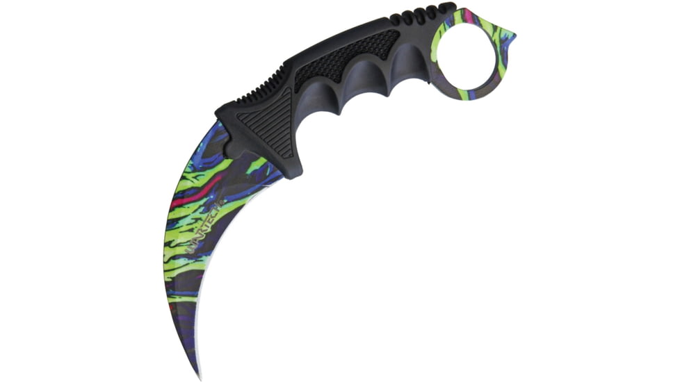 Miscellaneous Neck Knife HyperBeast Knife, 7.25in Overall, 3.5in SS Karambit Blade, Black Finger Grooved Nylon Handle, Finger Ring, Multi Color Blade, Black Nylon Neck Sheath, YC-9115-R
