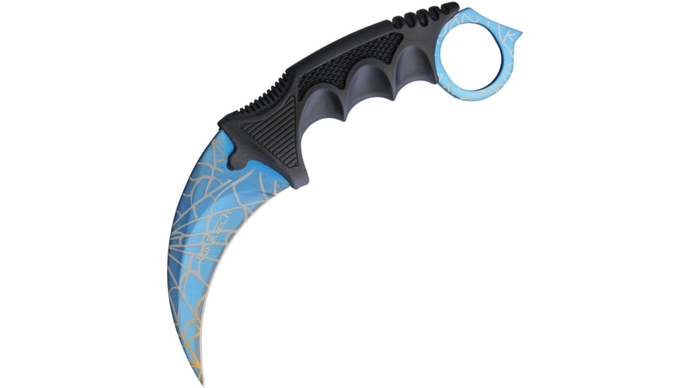 Miscellaneous Spider Web Neck Knife, 7.25in Overall, 3.5in SS Karambit Blade, Black Finger Grooved Nylon Handle, Blue Blade w/ Spider Web Artwork, Black Nylon Neck Sheath, YC-9115-BW