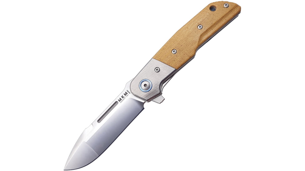 MKM Clap Linerlock Natural Micarta Folding Knife, 3 satin finish Bohler M390 stainless blade, Natural canvas micarta handle, Titanium bolster, MK LS01-NCT