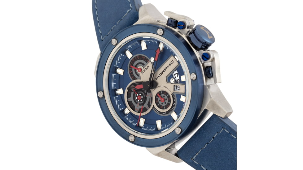 Morphic M81 Series Chronograph Leather-Band Watch w/Date, Blue/Silver - Mens, MPH8102