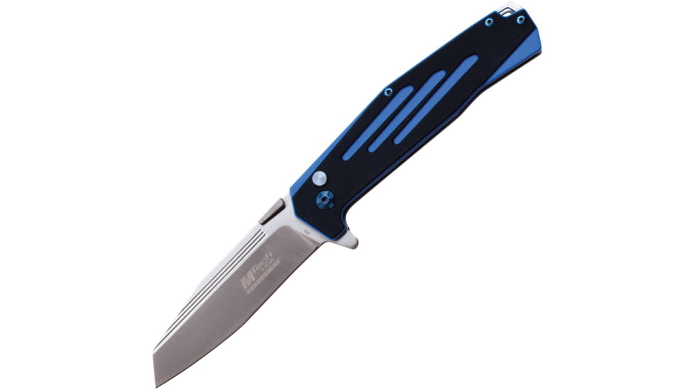 Mtech Button Lock Black/Blue Folding Knife, 3.5 satin finish stainless blade, Black and blue G10 handle, MTE-FDR034-BL