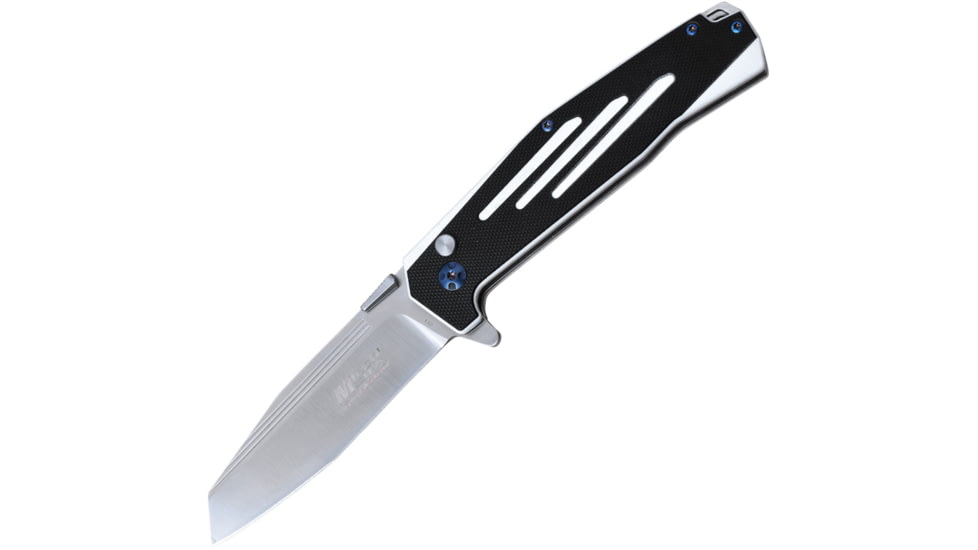 Mtech Button Lock Black/White Folding Knife, 3.5 satin finish stainless blade, Black and white G10 handle, MTE-FDR034-WH