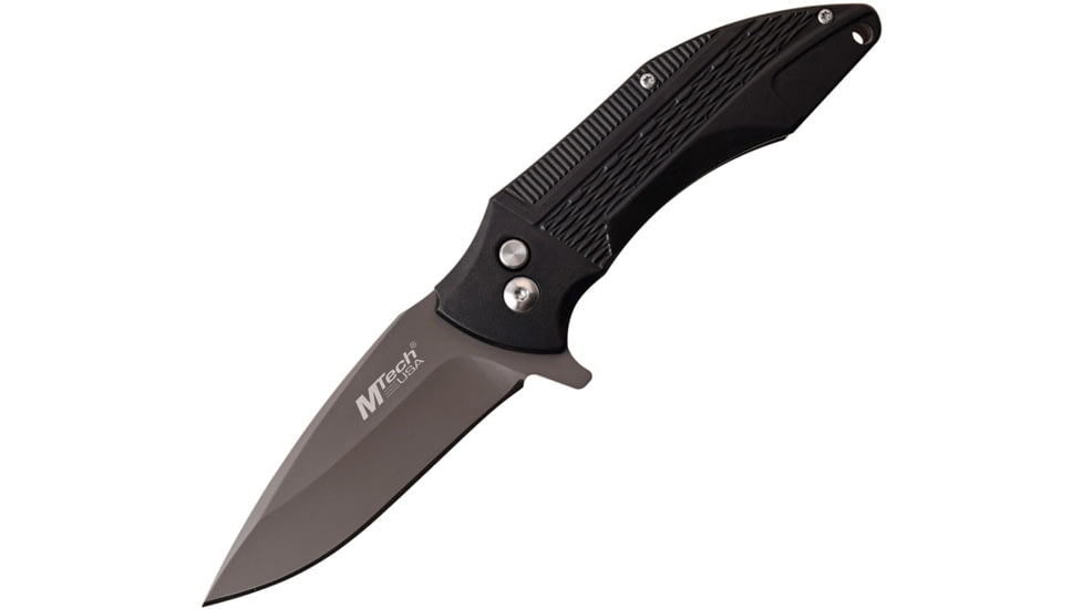 Mtech Button Lock Folding Knife, 3.25in Gray Titanium Coated SS Drop Point, Black Textured Aluminum Handle, Pocket Clip, MT-1034BK