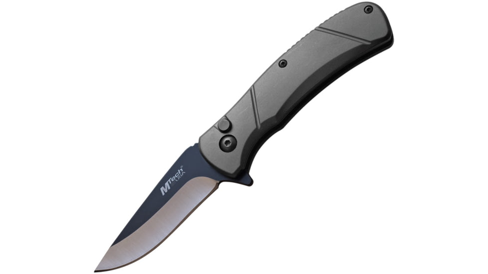 Mtech Button Lock Gray Folding Knife, 2.75 two-tone finish stainless blade, Gray aluminum handle, MT-1149GY