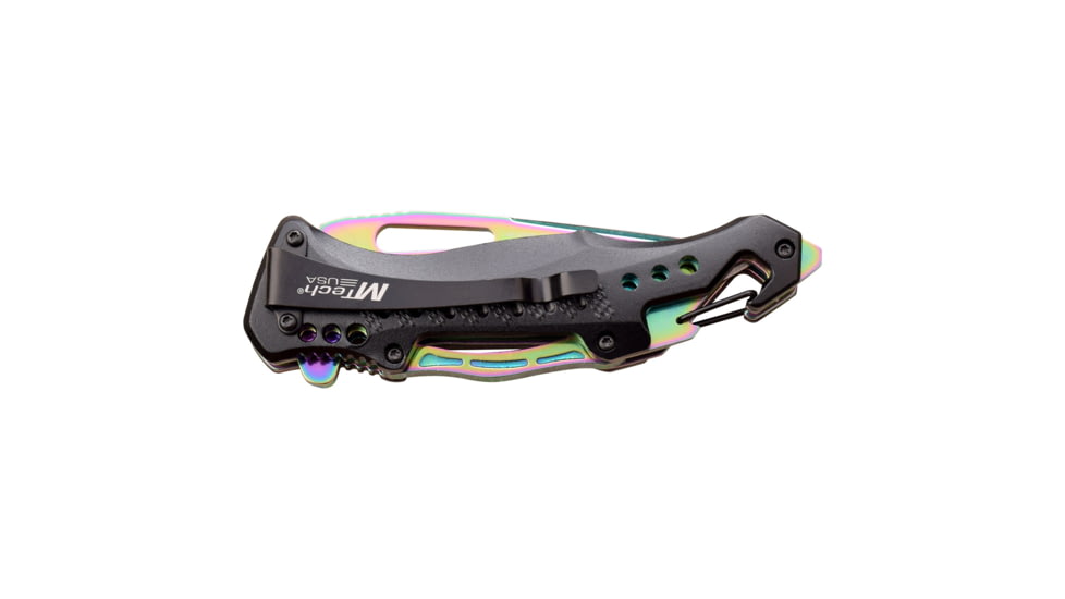 Mtech Drop Point Spring Assisted Knife w/Bottle Opener, 3.5 in, 3Cr13 Stainless Steel Stainless Steel, Rainbow, MT-A705G2-RB
