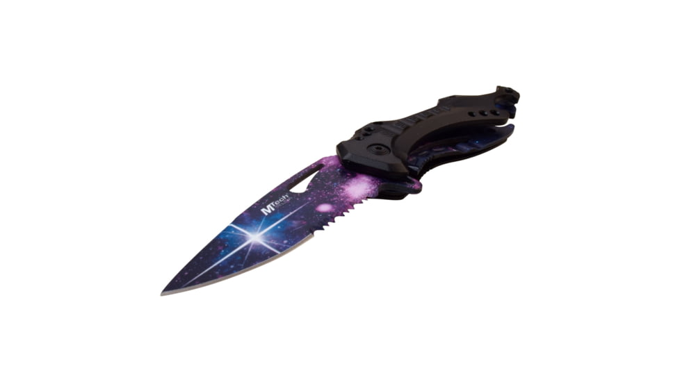 Mtech Drop Point Spring Assisted Knife w/Bottle Opener, 3.5 in, 3Cr13 Stainless Steel Stainless Steel, Serrated, Blue, MT-A705GLX