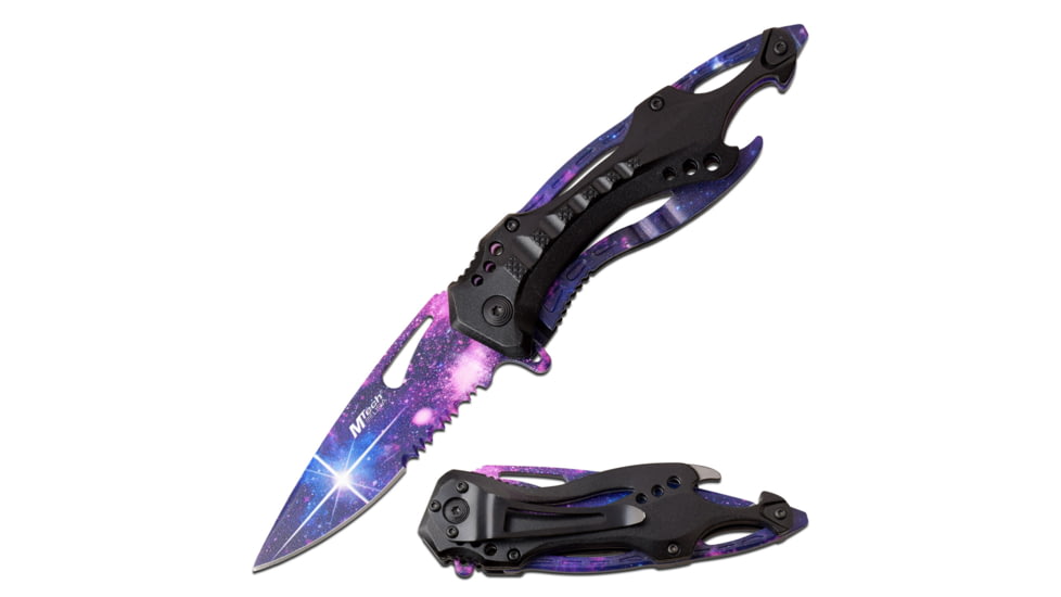 Mtech Drop Point Spring Assisted Knife w/Bottle Opener, 3.5 in, 3Cr13 Stainless Steel Stainless Steel, Serrated, Blue, MT-A705GLX