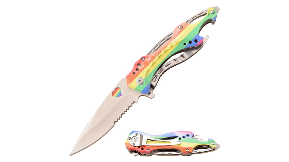 Mtech Drop Point Spring Assisted Knife w/Bottle Opener, 3.5 in, 3Cr13 Stainless Steel Stainless Steel, Serrated, Rainbow, MT-A705RB