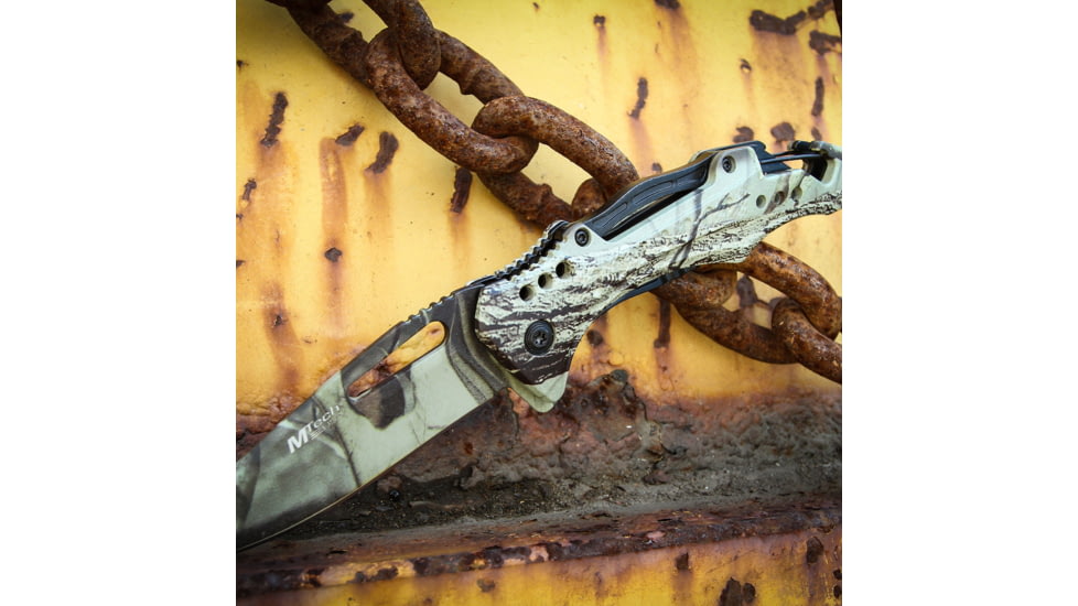 Mtech Drop Point Spring Assisted Knife w/Bottle Opener, 3.5 in, 3Cr13 Stainless Steel Stainless Steel, Wood Camo, MT-A705G2-CA