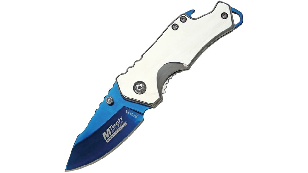 Mtech Evolution Bottle Opener A/O Folding Knife, 3.75in Closed, 2.5in Blue Ticn Coated 8Cr13Mov SS Blade, Mirror SS Handle, Thumb Stud, Pocket Clip, Integrated Bottle Opener, MTE-A005-BLS