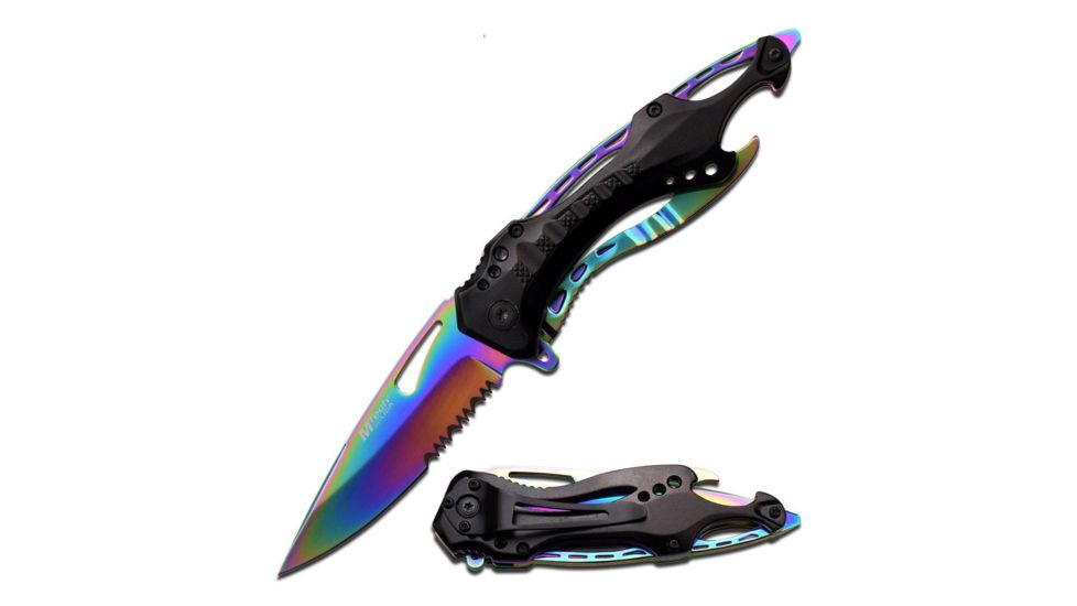 Mtech Folding Blade, 3.25in, Stainless Steel Blade, Black And Rainbow Titanium Coated Aluminum Handle MT-705RB