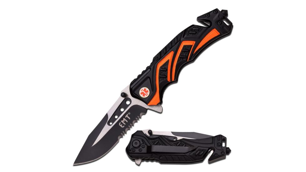 Mtech Folding Blade, 3.5in, Stainless Steel Blade, Black And Orange Two Tone Alum Handle MT-A865EMO