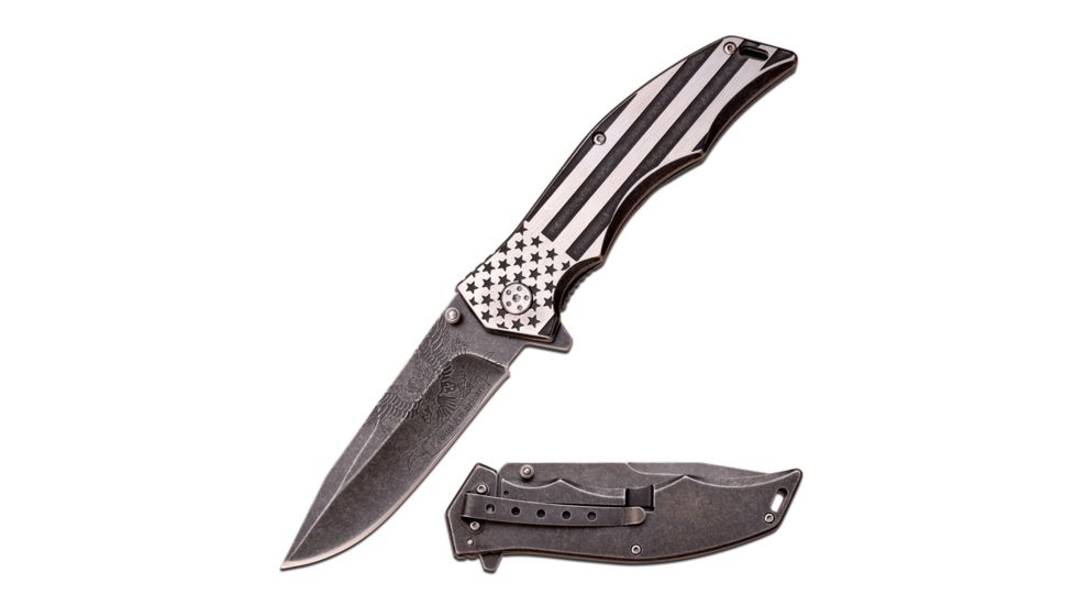 Mtech Folding Blade, 3.75in, Stainless Steel Blade, Brush/Stonewash 2 Tone Finish Us Flag Stainless Steel Handle MX-A849AE