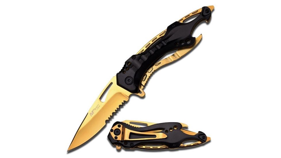 Mtech Folding Blade, in, Stainless Steel Blade, Black And Gold Titanium Coating Gold Aluminum Handle MT-705BG