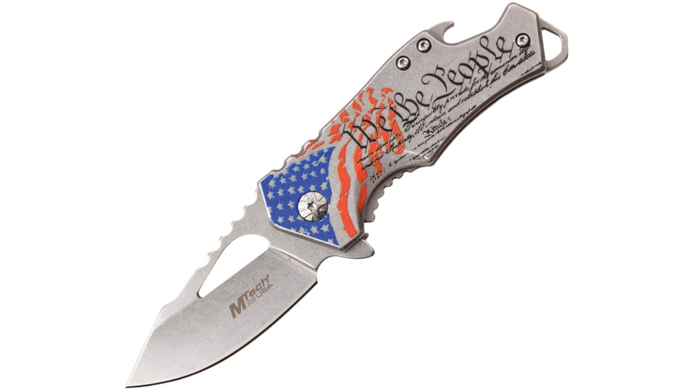 Mtech Drop Point Spring Assisted Knife w/Bottle Opener, 2.25 in, 3Cr13 Stainless Steel Stainless Steel, Stainless/Flag, MT-A882SAF