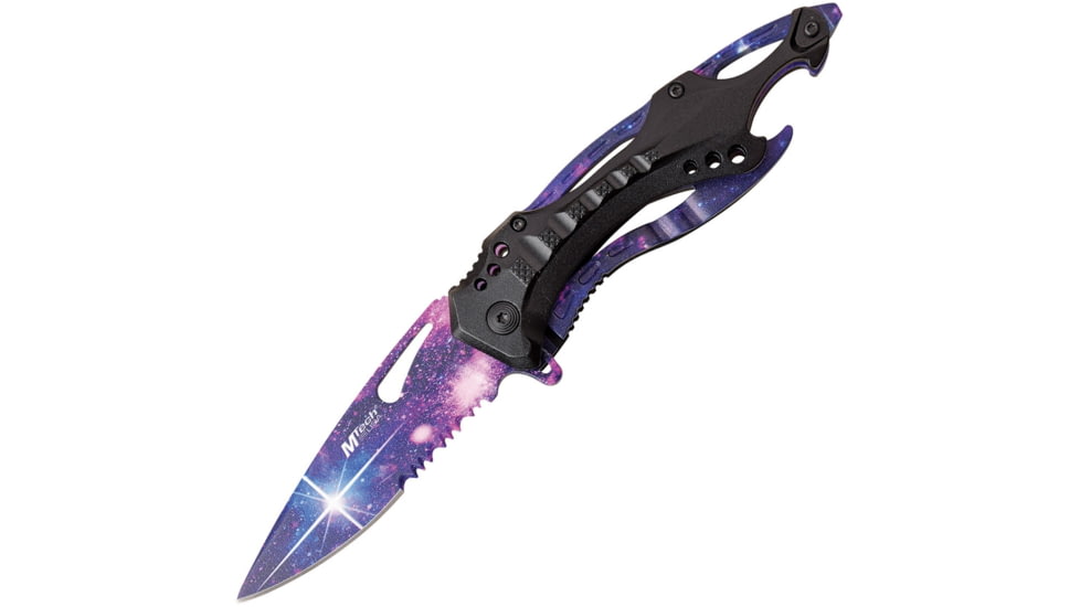 Mtech Drop Point Spring Assisted Knife w/Bottle Opener, 3.5 in, 3Cr13 Stainless Steel Stainless Steel, Serrated, Blue, MT-A705GLX