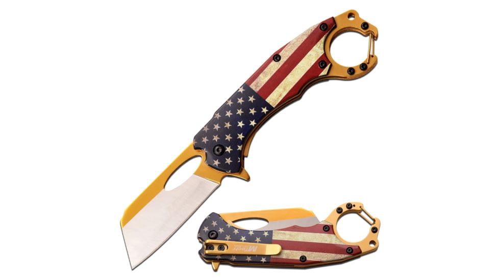 Mtech Linerlock Spring Assisted Knife, 2.5 in, 3Cr13 Stainless Steel Stainless Steel, Wharncliffe, USA Flag, MT-A1028AF