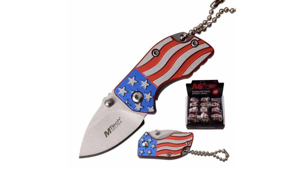 Mtech MT-1006POP Manual Folding Knife Pop Box, 1.4in, 3CR13 Stainless Steel, Drop Point, Steel Blade, Aluminum Handle, 12 knives, Flag, MT-1006POP