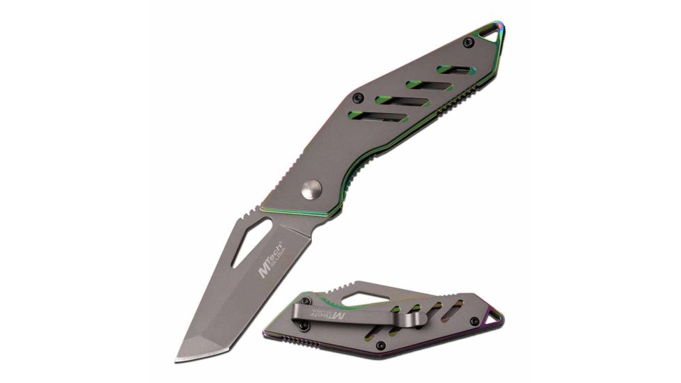 Mtech MT-1065RB Manual Folding Knife, 2.5n, 3CR13 Stainless Steel, Tanto, Gray Blade, Stainless Steel Handle, Rainbow, MT-1065RB
