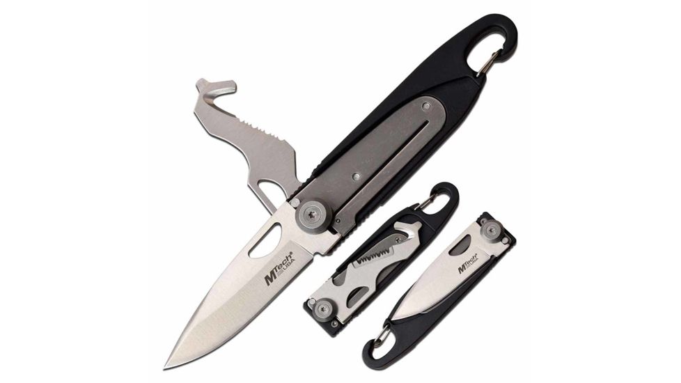Mtech MT-1102BK Manual Folding Knife, 2.5in, 3CR13 Stainless Steel, Drop Point, Steel Blade, Nylon Fiber Handle w/Multitool Blade and Carabiner, Black, MT-1102BK