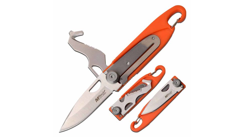 Mtech MT-1102OR Manual Folding Knife, 2.5in, 3CR13 Stainless Steel, Drop Point, Steel Blade, Nylon Fiber Handle w/Multitool Blade and Carabiner, Orange, MT-1102OR