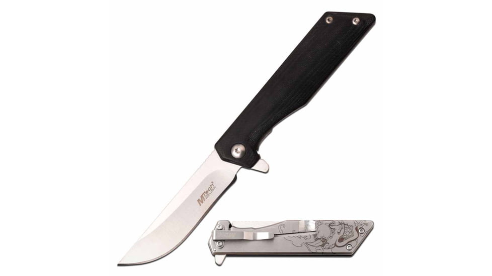 Mtech MT-1160LD Manual Folding Knife, 3in, 3CR13 Stainless Steel, Straight Back, Steel Blade, G10 Handle w/ Demon Etching, Black, MT-1160LD