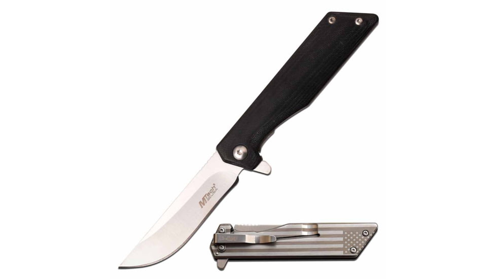 Mtech MT-1160LF Manual Folding Knife, 3in, 3CR13 Stainless Steel, Straight Back, Steel Blade, G10 Handle w/ Flag Etching, Black, MT-1160LF