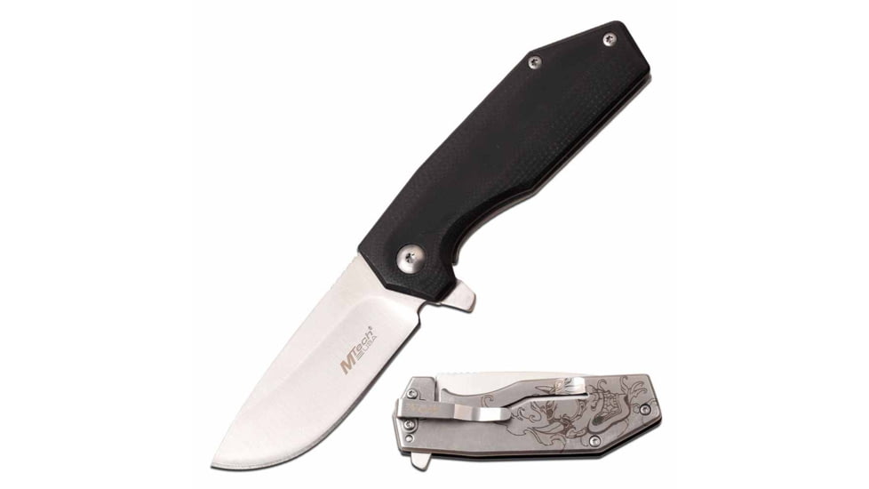 Mtech MT-1160SD Manual Folding Knife, 2.5in, 3CR13 Stainless Steel, Drop Point, Steel Blade, G10 Handle w/ Demon Etching, Black, MT-1160SD