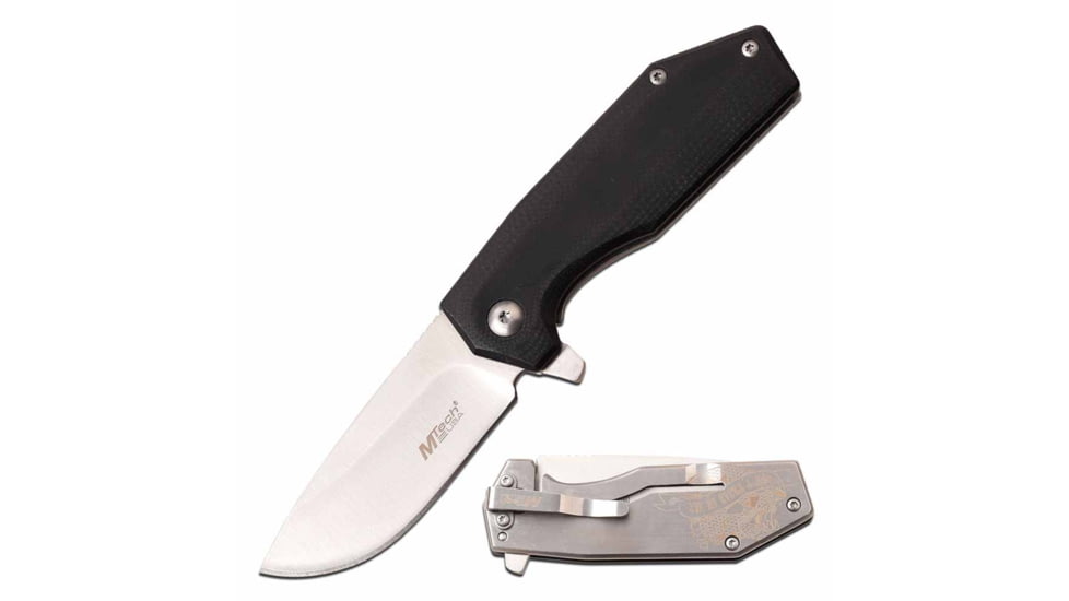 Mtech MT-1160SS Manual Folding Knife, 2.5in, 3CR13 Stainless Steel, Drop Point, Steel Blade, G10 Handle w/ Snake Etching, Black, MT-1160SS