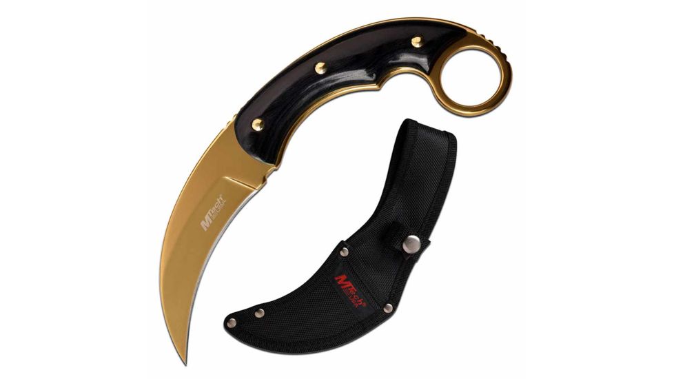 Mtech MT-20-84GD Fixed Blade Knife, 3.5in, Stainless Steel, Karambit, Golden Blade, Pakkawood Handle, Black, MT-20-84GD