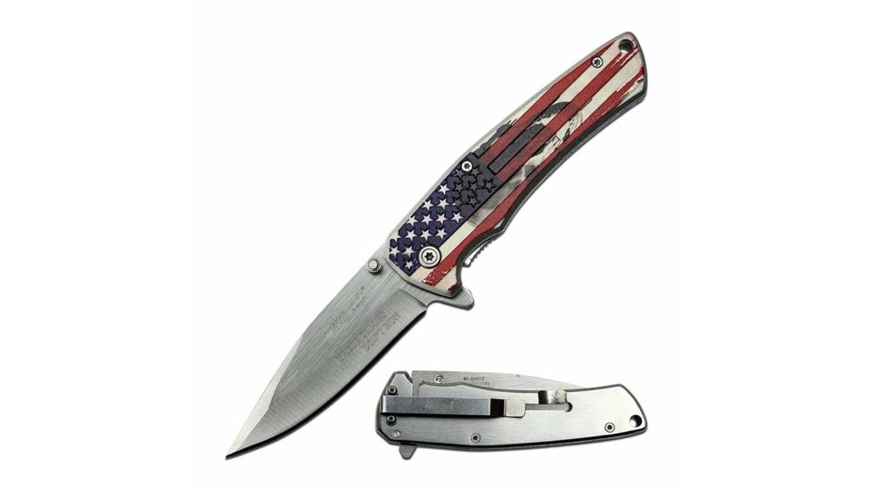 Mtech MT-A1027P Spring Assisted Knife, 3.25in, 3CR13 Stainless Steel, Spear Point, Steel Blade, Aluminum Handle, American Flag Design, Flag, MT-A1027P