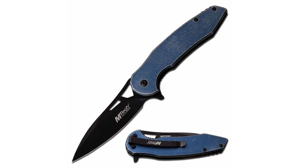 Mtech MT-A1083BL Spring Assisted Knife, 3.5in, 3CR13 Stainless Steel, Spear Point, Black Blade, Aluminum Handle, Blue, MT-A1083BL