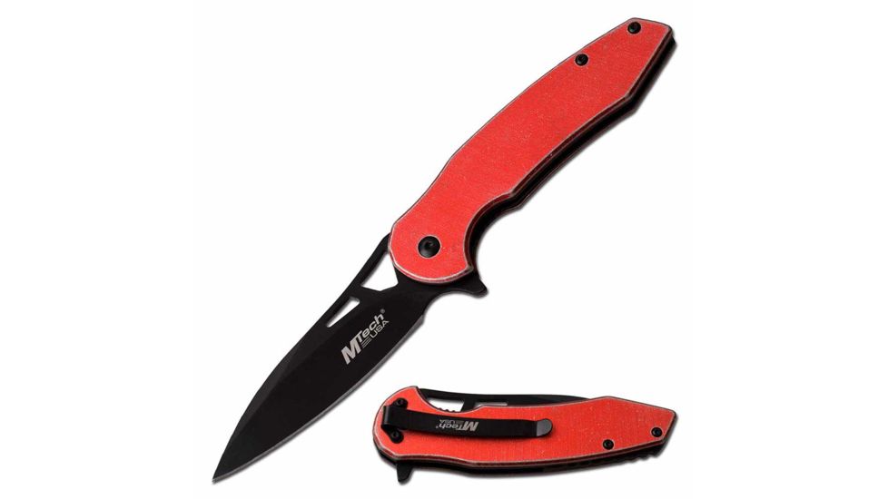 Mtech MT-A1083RD Spring Assisted Knife, 3.5in, 3CR13 Stainless Steel, Spear Point, Black Blade, Aluminum Handle, Red, MT-A1083RD
