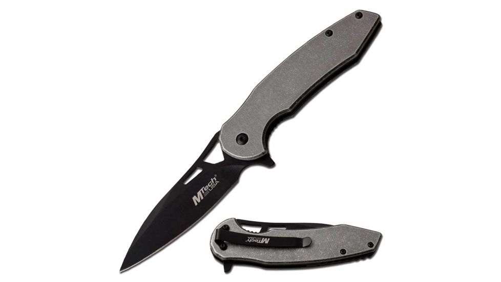 Mtech MT-A1083SW Spring Assisted Knife, 3.5in, 3CR13 Stainless Steel, Spear Point, Black Blade, Aluminum Handle, Stonewash, MT-A1083SW