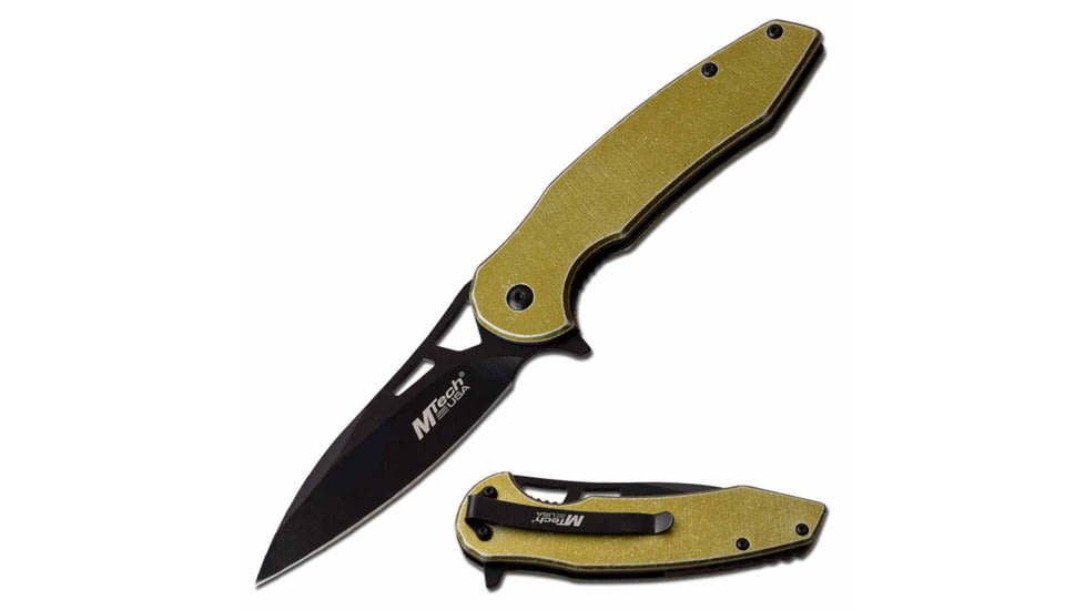 Mtech MT-A1083YL Spring Assisted Knife, 3.5in, 3CR13 Stainless Steel, Spear Point, Black Blade, Aluminum Handle, Yellow, MT-A1083YL