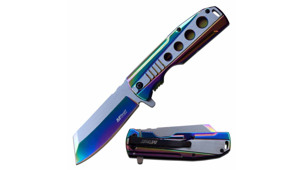 Mtech MT-A1107RB Spring Assisted Knife, 3.75in, 3CR13 Stainless Steel, Reversed Tanto, Blue/Steel Blade, Stainless Steel Handle, Rainbow, MT-A1107RB