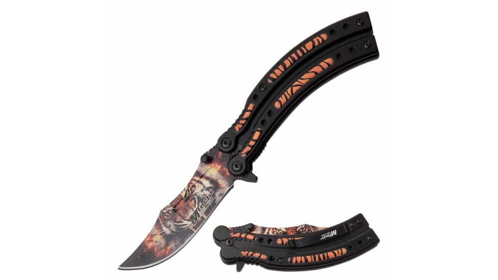Mtech MT-A1122TG Spring Assisted Knife, 3.5in, 3CR13 Stainless Steel, Clip Point, Printed Blade, Aluminum Handle, Black/Tiger, MT-A1122TG