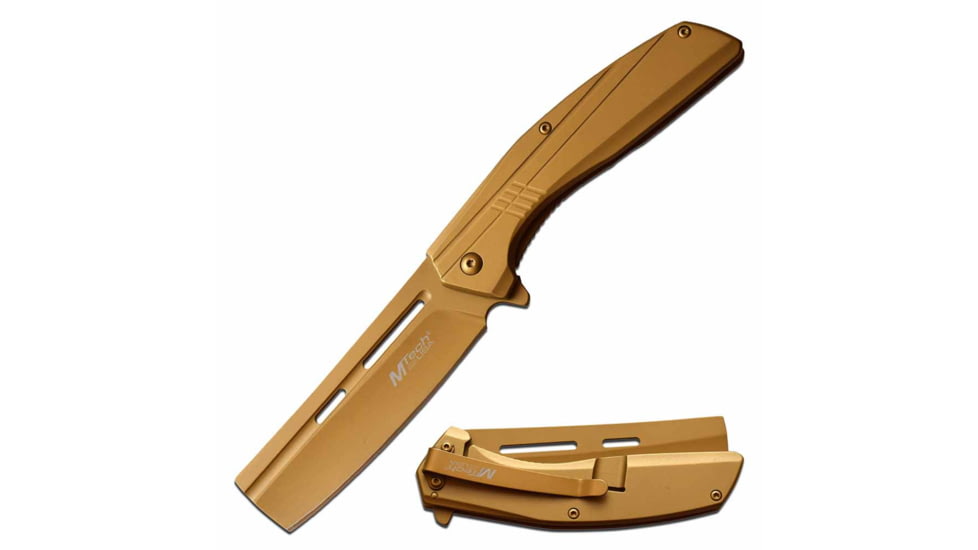 Mtech MT-A1139GD Spring Assisted Knife, 3.5in, 3CR13 Stainless Steel, Razor, Golden Blade, Gold, MT-A1139GD