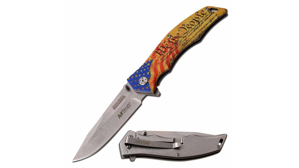Mtech MU-A098FC Spring Assisted Knife, 3.75in, Stainless Steel, Spear Point, Stonewashed Blade, Stainless Steel Handle w/ American Flag Design, -, MX-A849FC