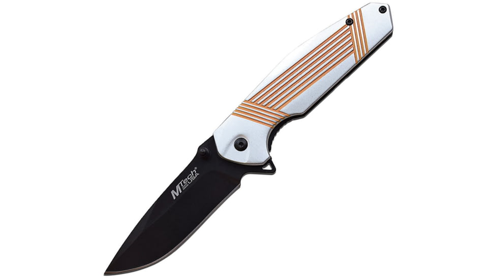 Mtech Stripe Framelock A/O Folding Knife, 3.5 black finish 3Cr13 stainless blade, Gray and orange anodized aluminum handle, MT-A1137GOR