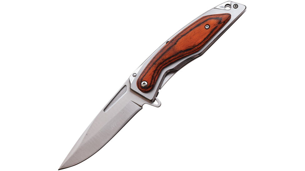 Mtech Wood Framelock A/O Folding Knife, 3.75 satin finish 3Cr13 stainless blade, Stainless handle with Brown pakkawood onlay, MT-A1153BR