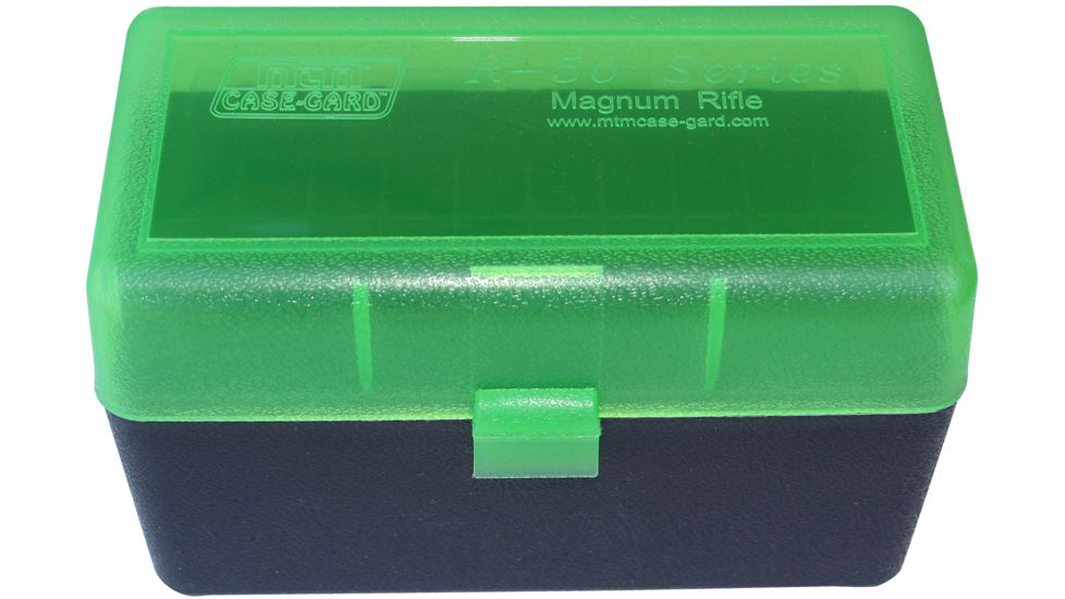 MTM Case-Gard 50 Round Flip-Top Ammo Box, .375 Rem Um/.375 Wby Mag, Clear Green/Black, RLLD-50-16T