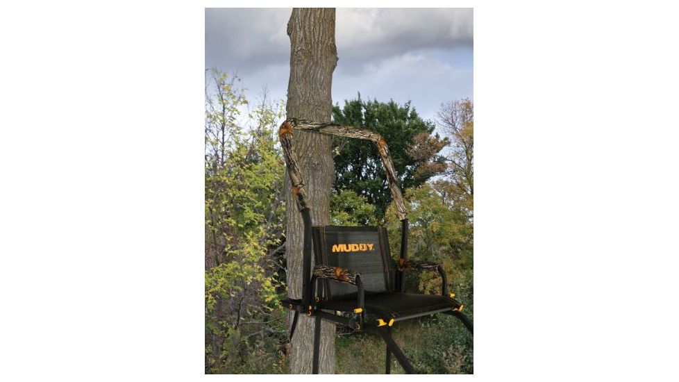 Muddy Huntsman Ladderstand, 1-1in Ratchet Strap, Stabilizer Straps, Adjustable Support Bar, Full Body Arrest Harness, Adjustable Padded Shooting Rail that flips back, Black/Camo, MLS1200