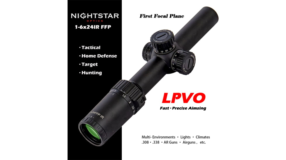 NightStar 1-6x24mm 30mm Tube Rifle Scope, First Focal Plane, Illuminated Reticle, Black, NS11038F2