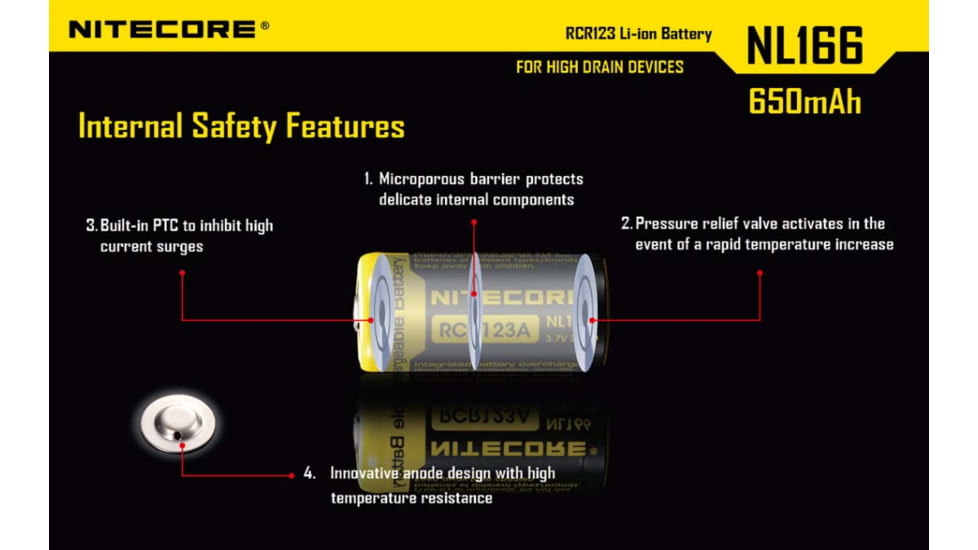 Nitecore NL166 650mAh Rechargeable Li-ion RCR123A 16340 Battery, Yellow, 6952506490318