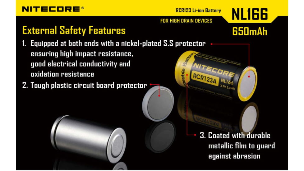 Nitecore NL166 650mAh Rechargeable Li-ion RCR123A 16340 Battery, Yellow, 6952506490318