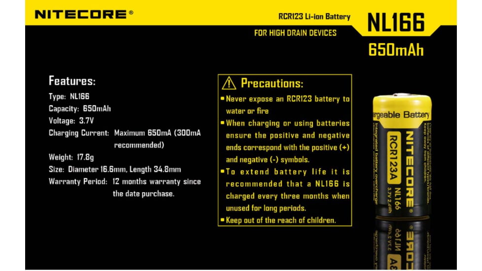 Nitecore NL166 650mAh Rechargeable Li-ion RCR123A 16340 Battery, Yellow, 6952506490318